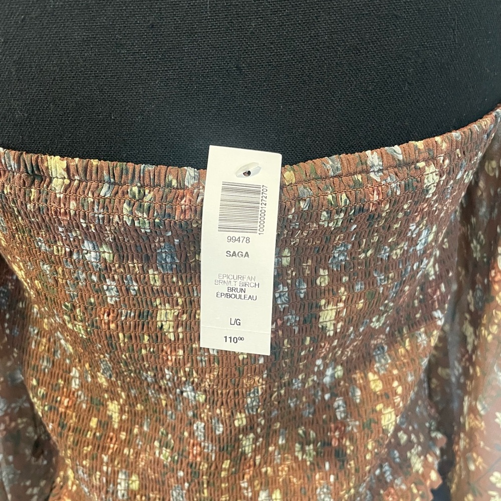Aritzia Wilfred Saga Brown Floral Smocked Long Sheer Sleeve Crop Top NWT! - Picture 8 of 11